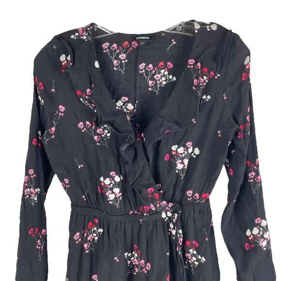Express Floral Printed Ruffle Faux Wrap Mini Dress Black Size XS - Picture 2 of 7